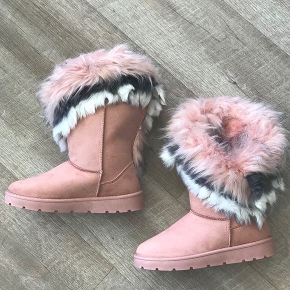 Pink Faux Fur Mid Calf Cozy Winter Flat Boots - Picture 8 of 8